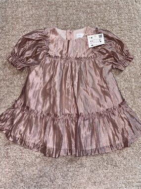 ZARA Metallic Rose Pink Puff-Sleeve Tiered Dress